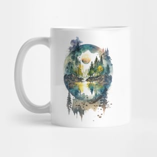 Mountain lake surrounded with trees Mug